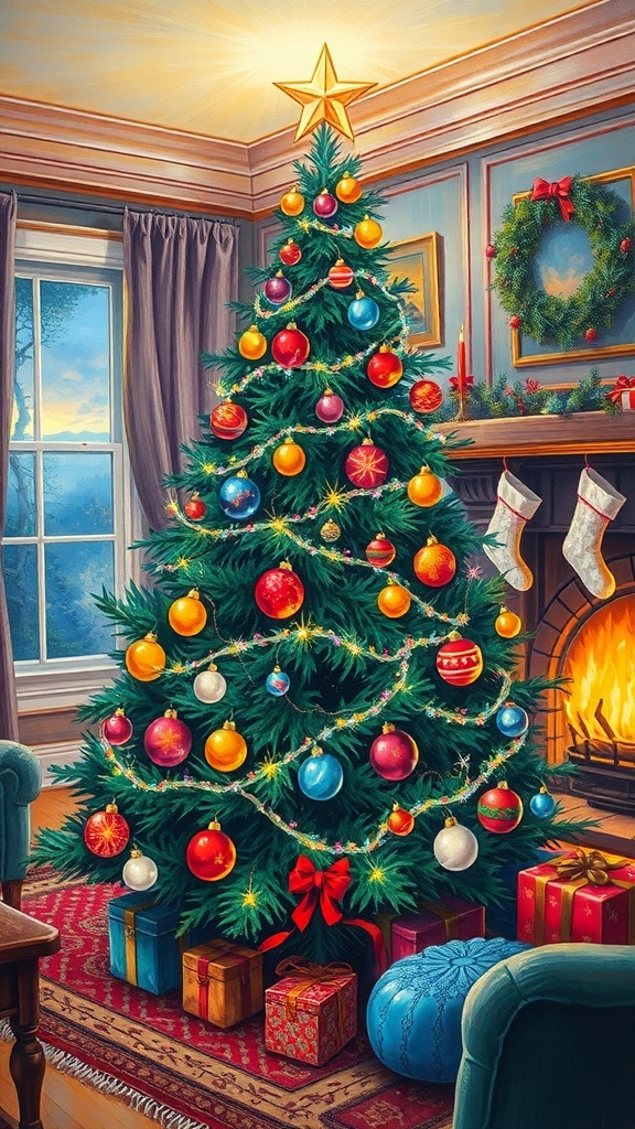 Festive Christmas Painting Ideas A colorful Christmas tree painting with ornaments and lights in a cozy room.